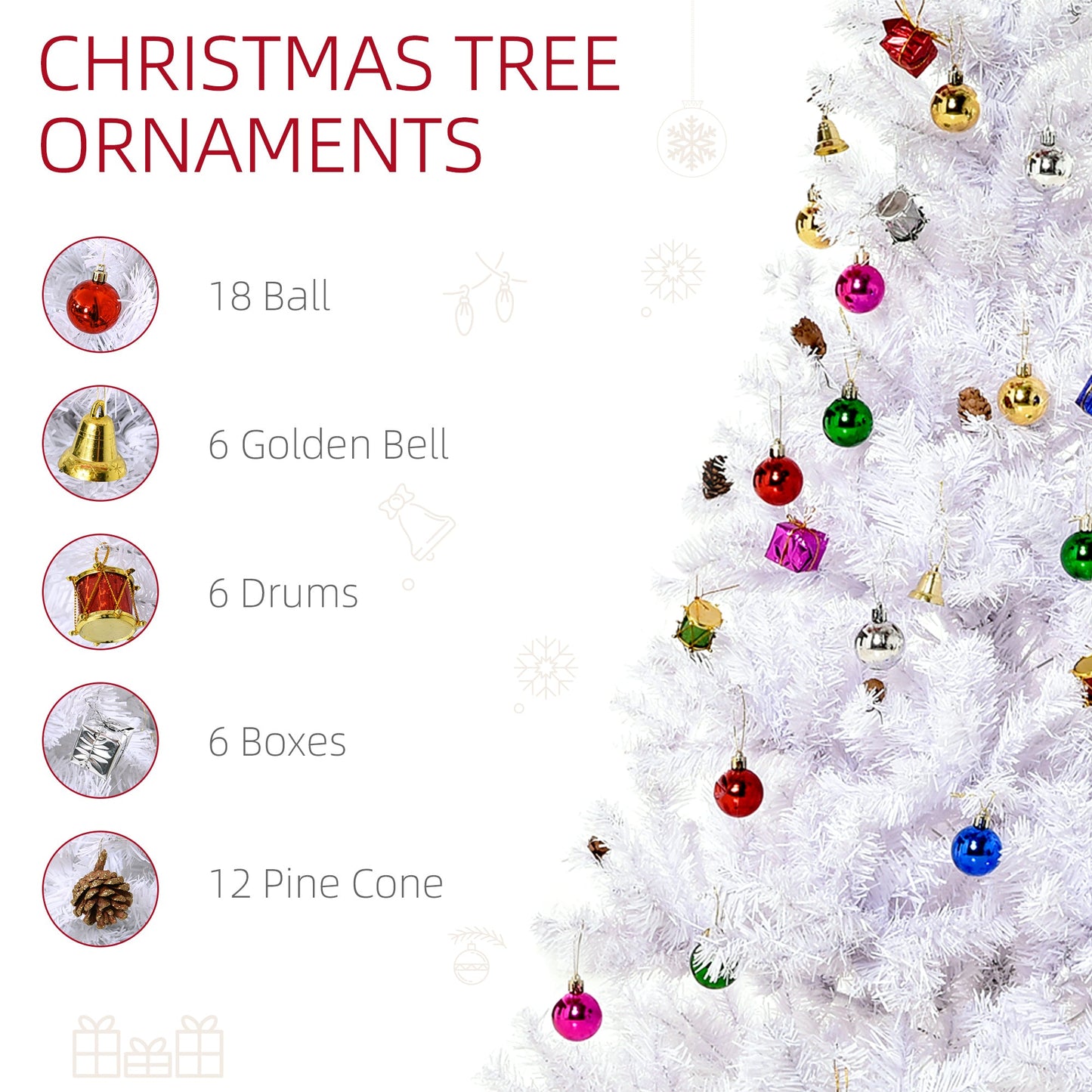 4.9ft Artificial Christmas Tree Holiday Home Decoration with Xmas Ornaments and Metal Stand, White