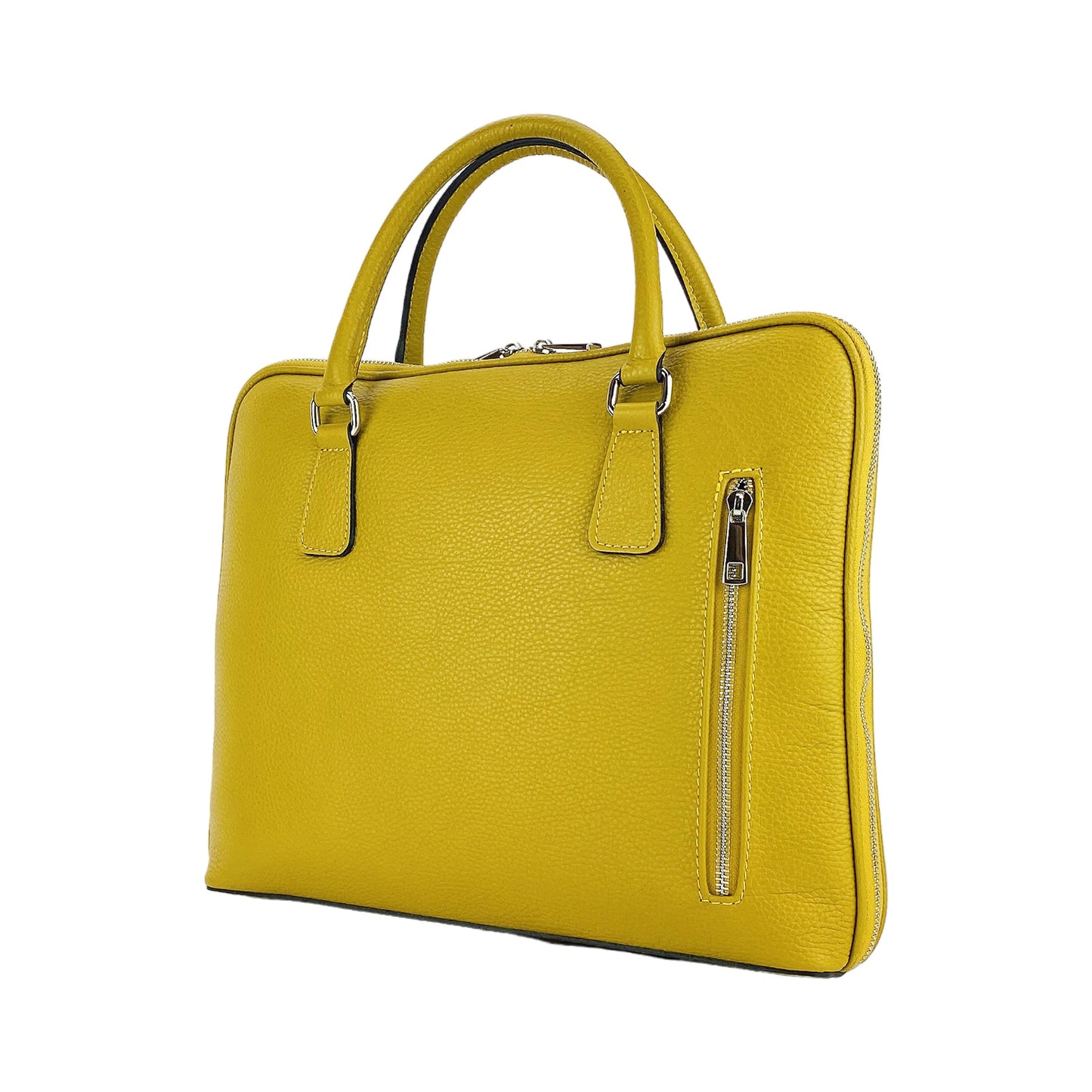 RB1019AR | Made in Italy Genuine Leather Unisex Business Briefcase with removable shoulder strap. Shiny Nickel metal snap hook attachments - Mustard color - Dimensions: cm 37 x 29 x 6.5