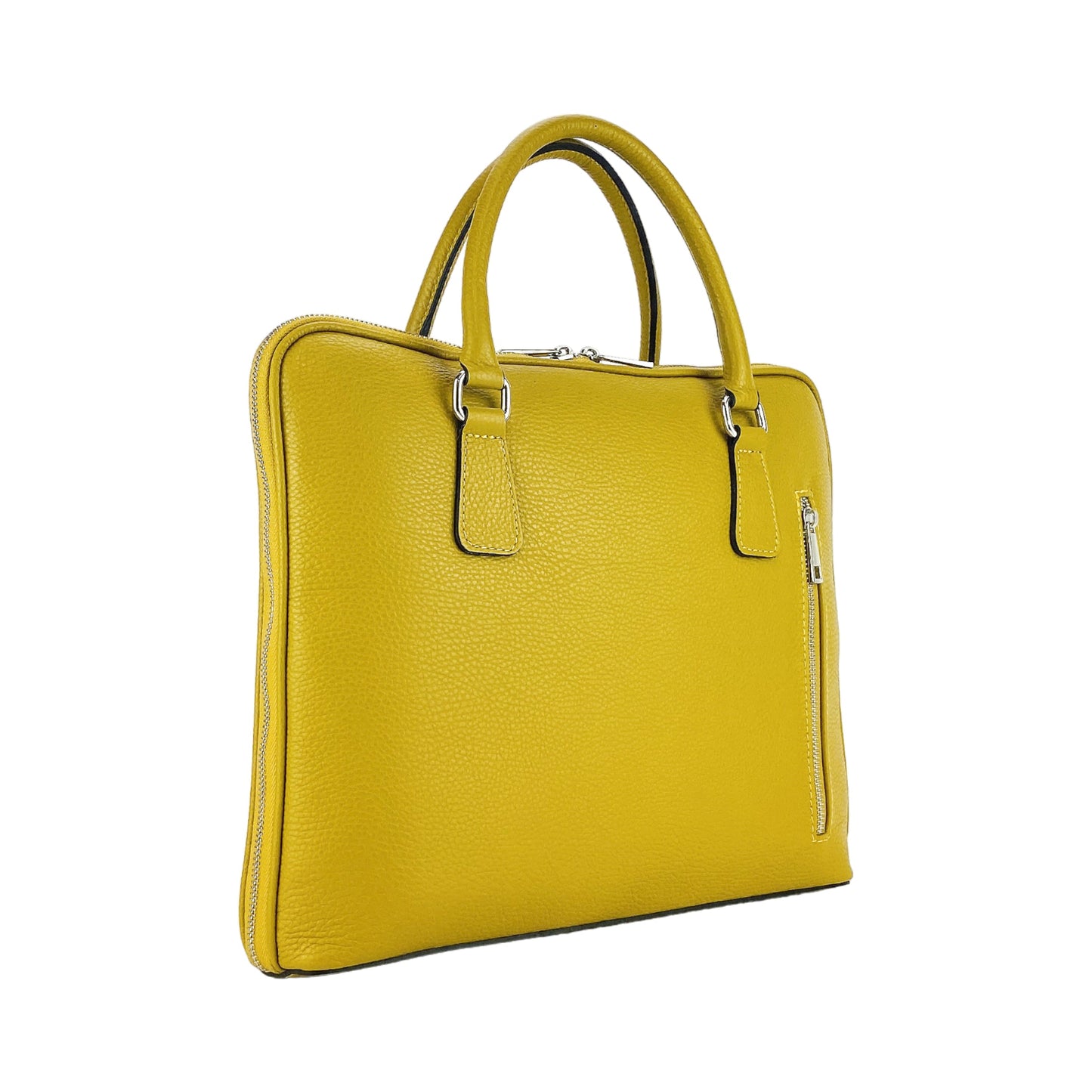 RB1019AR | Made in Italy Genuine Leather Unisex Business Briefcase with removable shoulder strap. Shiny Nickel metal snap hook attachments - Mustard color - Dimensions: cm 37 x 29 x 6.5