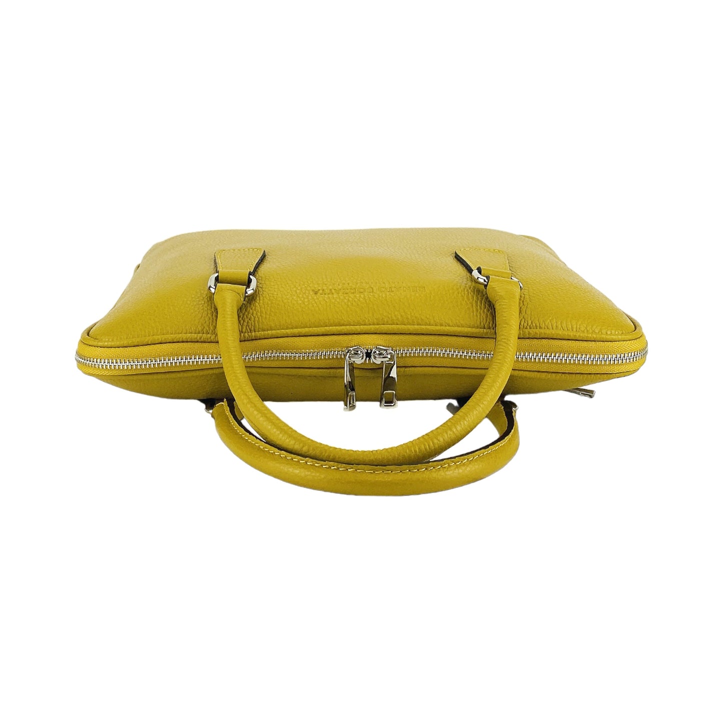 RB1019AR | Made in Italy Genuine Leather Unisex Business Briefcase with removable shoulder strap. Shiny Nickel metal snap hook attachments - Mustard color - Dimensions: cm 37 x 29 x 6.5