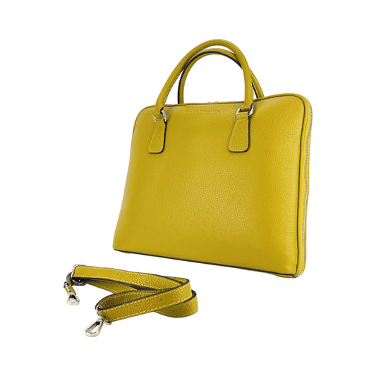 RB1019AR | Made in Italy Genuine Leather Unisex Business Briefcase with removable shoulder strap. Shiny Nickel metal snap hook attachments - Mustard color - Dimensions: cm 37 x 29 x 6.5