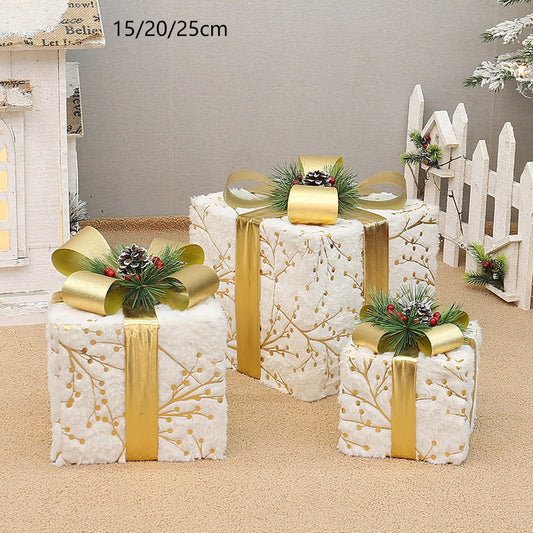 NNEDSZ Set of 3 Elegant Christmas Gift Boxes with Gold Ribbon & Pine Accents,without lights - Perfect Indoor Holiday Decoration (15/20/25cm)