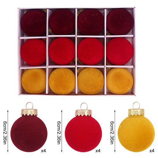 NNEDSZ 12-Piece Velvet Christmas Ornament Set - Classic Wine Red, Red, and Yellow Baubles for Holiday Tree Decoration (6cm)
