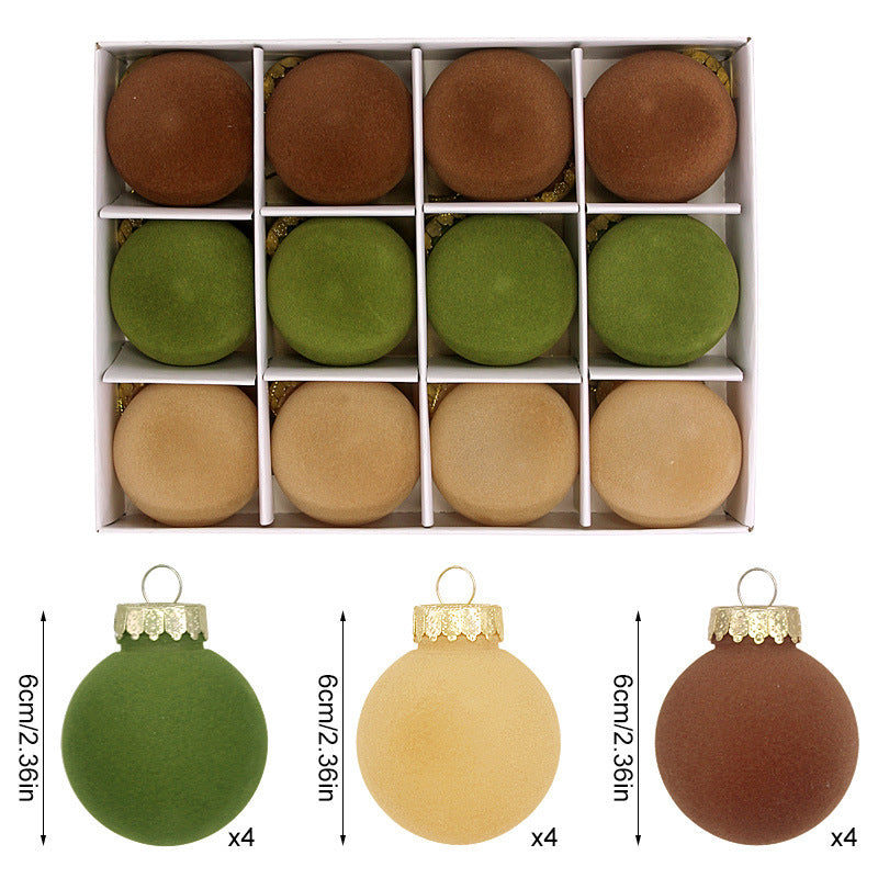 NNEDSZ 12-Piece Velvet Christmas Ornament Set - Classic Coffee, Green, and Brown Baubles for Holiday Tree Decoration (6cm)