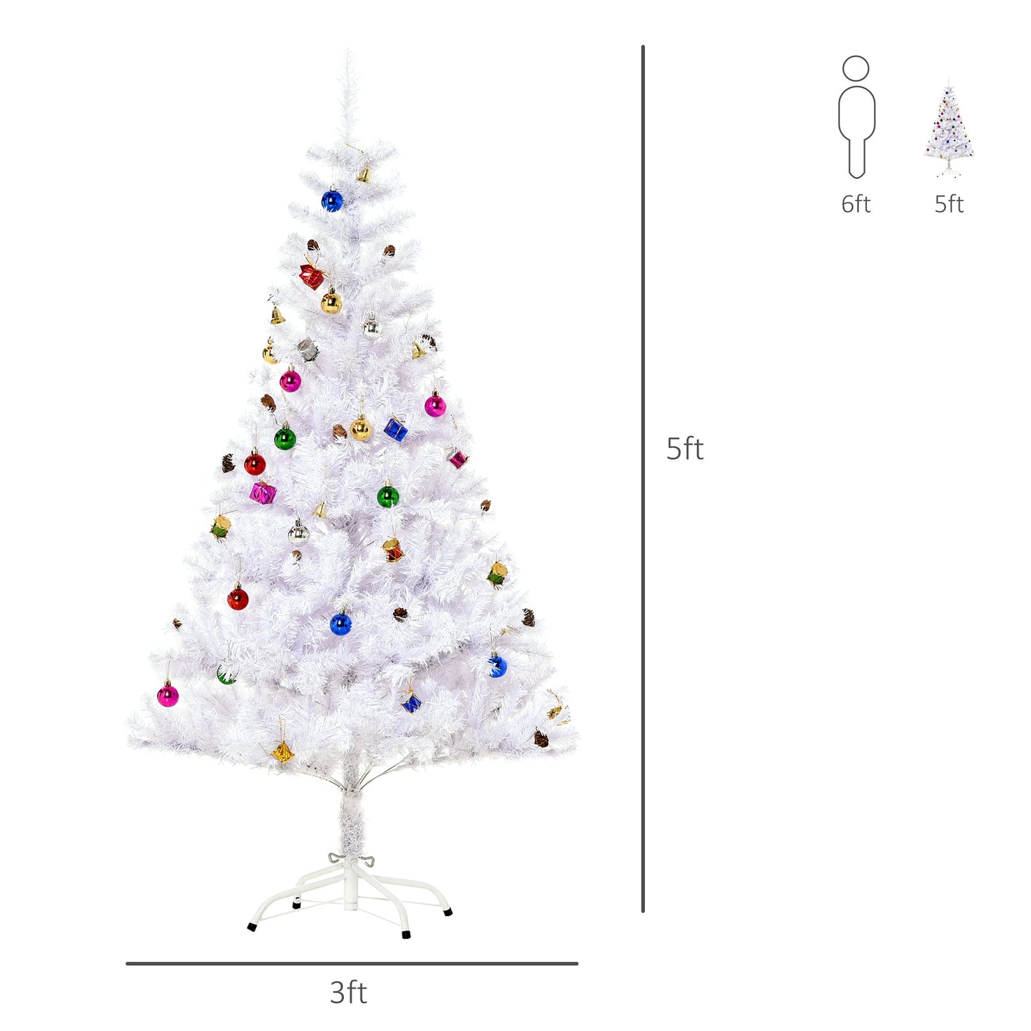 4.9ft Artificial Christmas Tree Holiday Home Decoration with Xmas Ornaments and Metal Stand, White